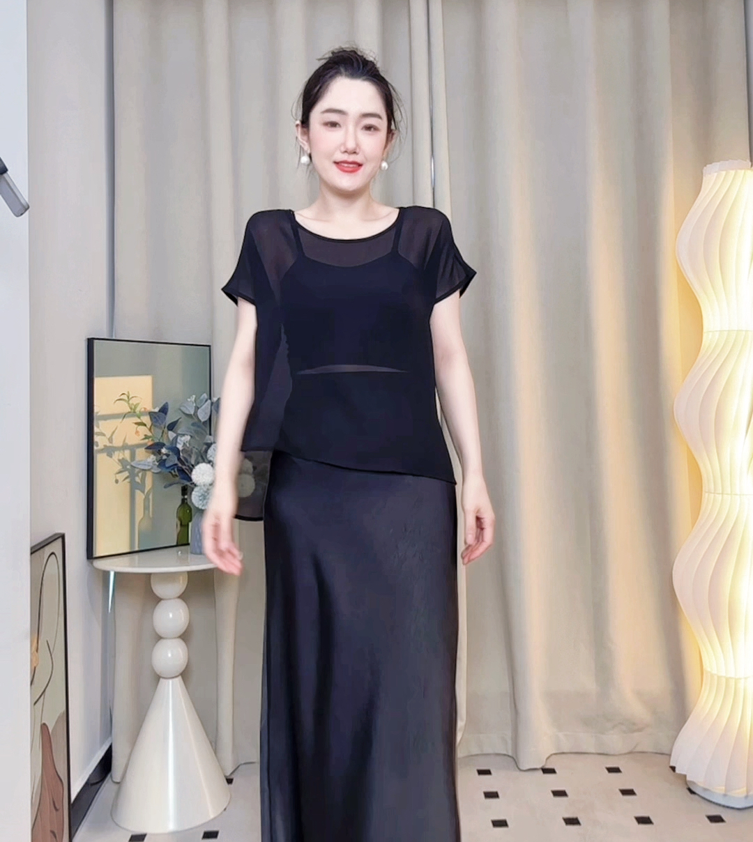 2025新款夏季乔其纱上衣搭配半裙薄款罩短袖防晒衫遮肚子