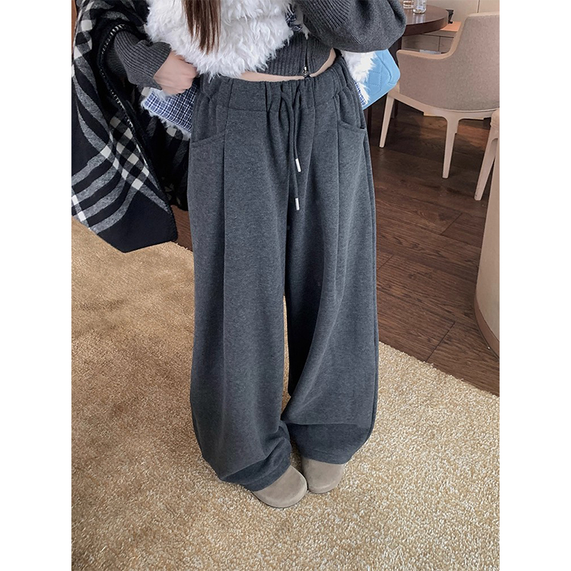 慵懒灰色加绒保暖休闲阔腿裤女秋冬季高腰宽松显瘦加厚抽绳糯米裤