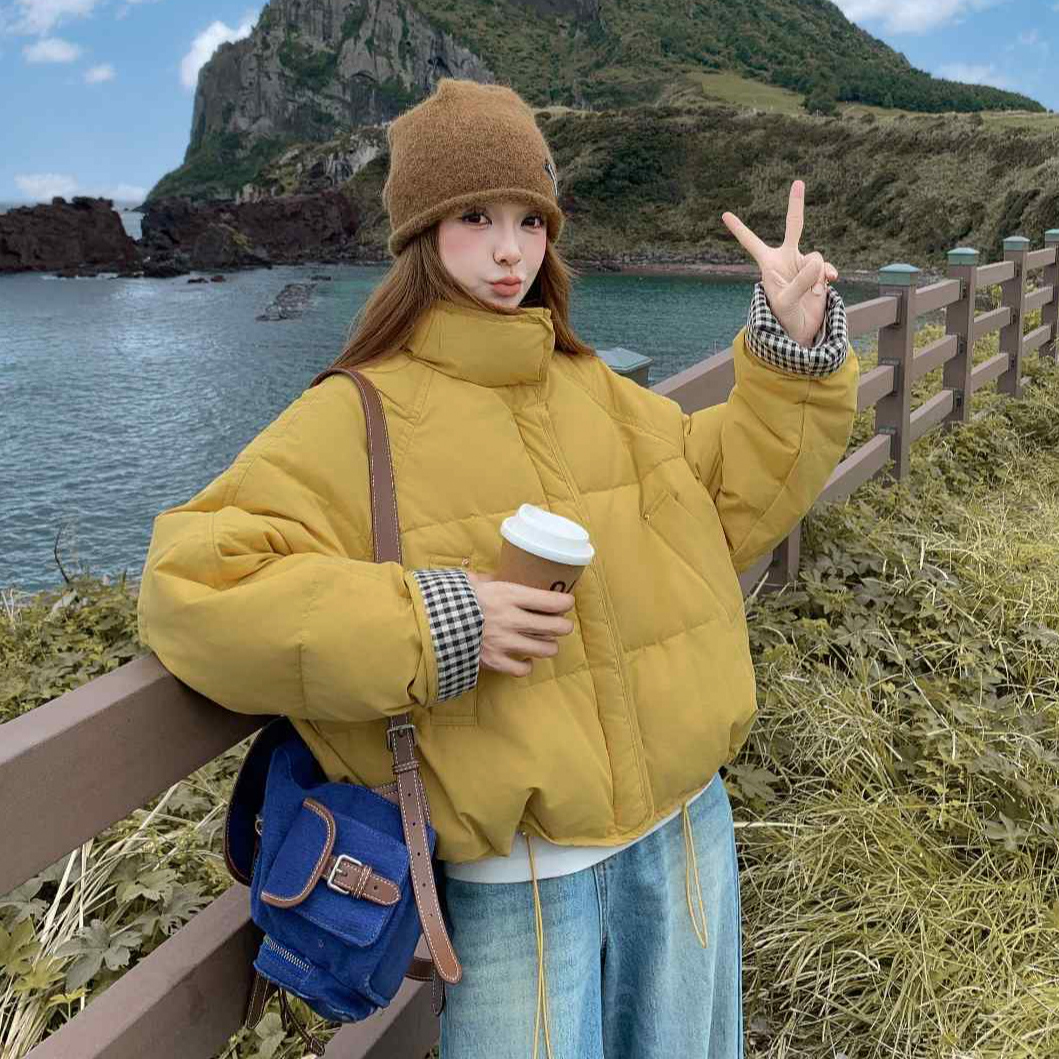 韩系格纹袖口立领小个子短款羽绒服女2025冬季休闲简约白鸭绒外套