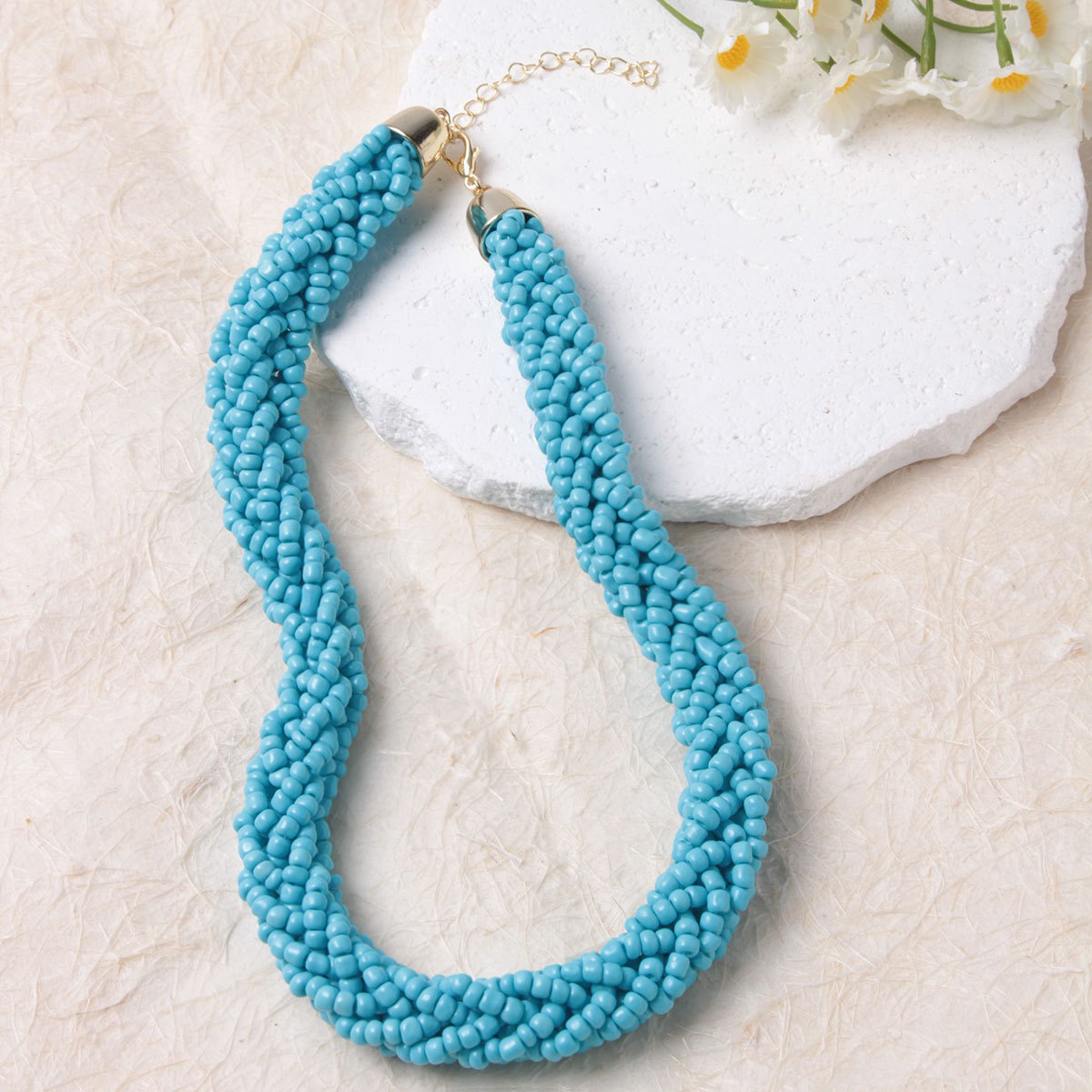 铜合金玻璃项链 【古米】1/98波西米亚风简约蓝色编织玻璃米珠项链