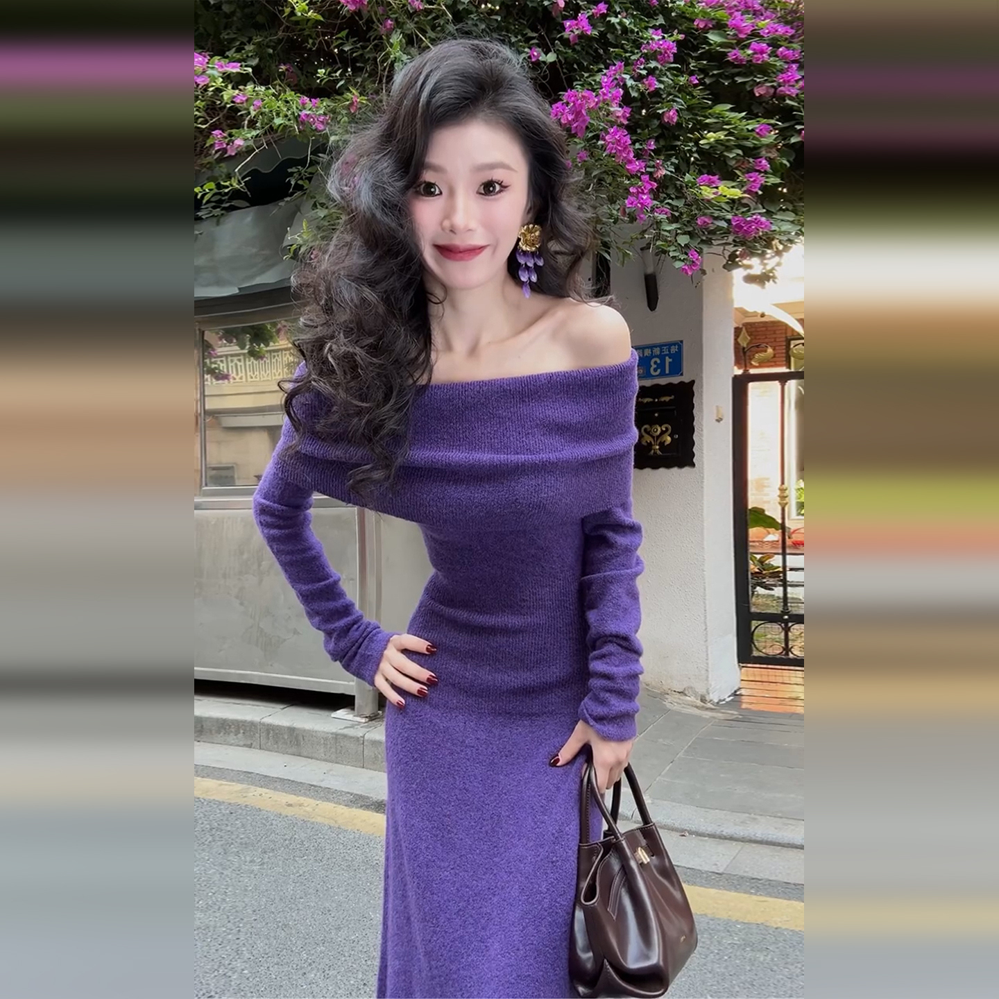紫色一字肩针织连衣裙子女秋冬2025新款收腰气质修身内搭包臀长裙