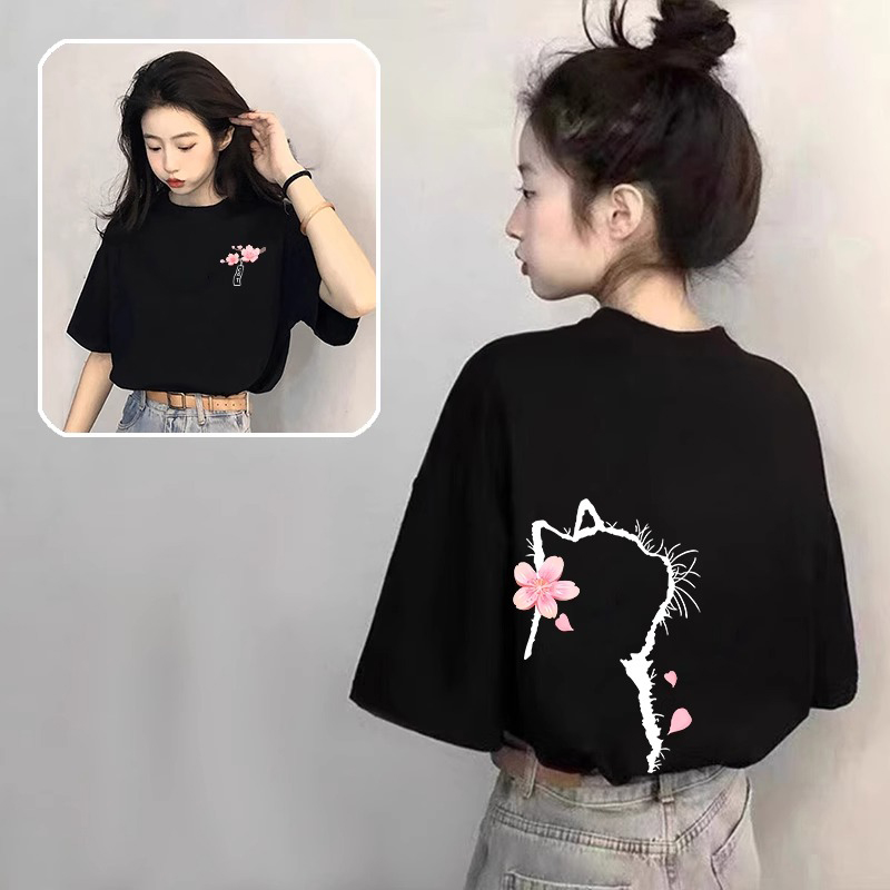 2025新款设计黑色纯棉正肩短袖t恤女夏宽松卡通印花基础上衣ins潮