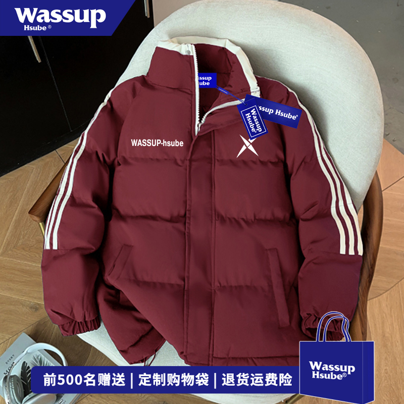 WASSUP HSUBE潮流英文字母印花棉服男女冬季保暖三条杠立领面包服