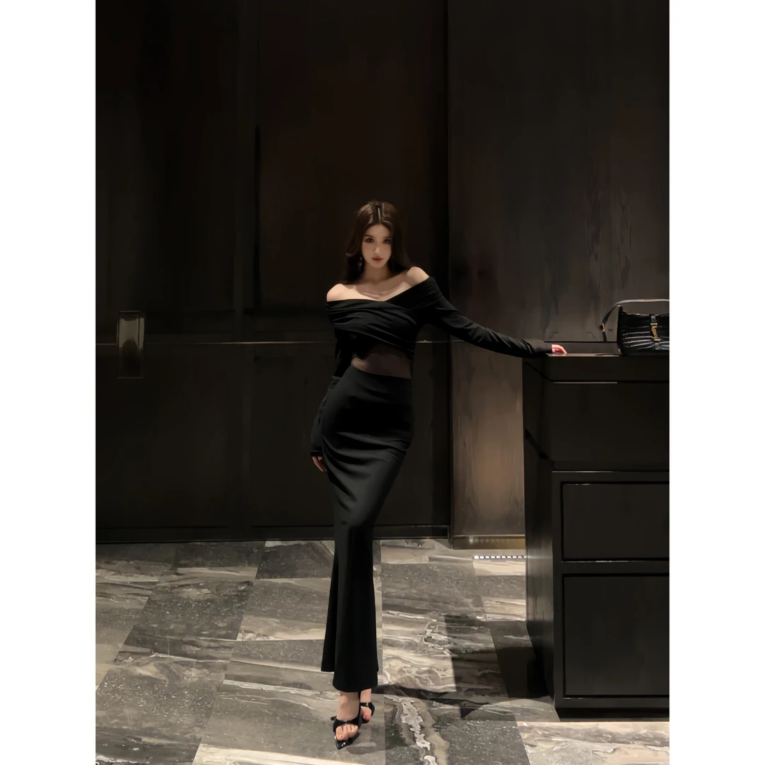 法式一字肩镂空网纱拼接连衣裙黑色秋冬内搭御姐气质修身包臀裙