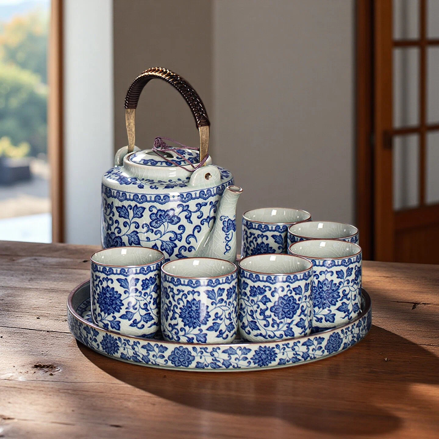 景德镇青花瓷茶壶大容量开片提梁壶茶具茶杯托盘套装家用礼盒送礼