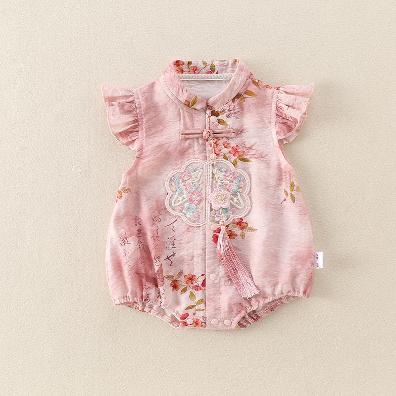 婴儿夏季包屁衣国风中式三角哈衣新生儿满月百天抓周岁礼服衣服