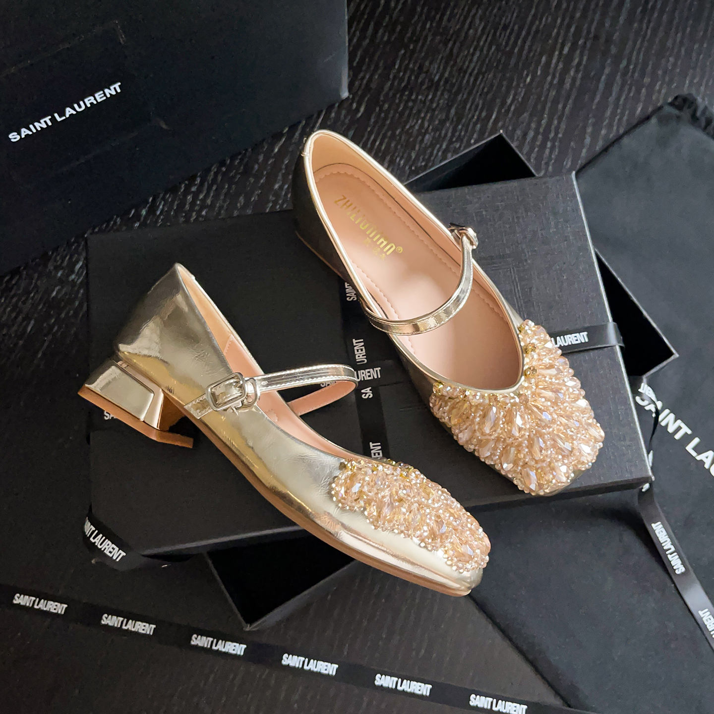 2025秋季新款4cm增高一字带单鞋方头水钻浅口高跟鞋软底百搭气质