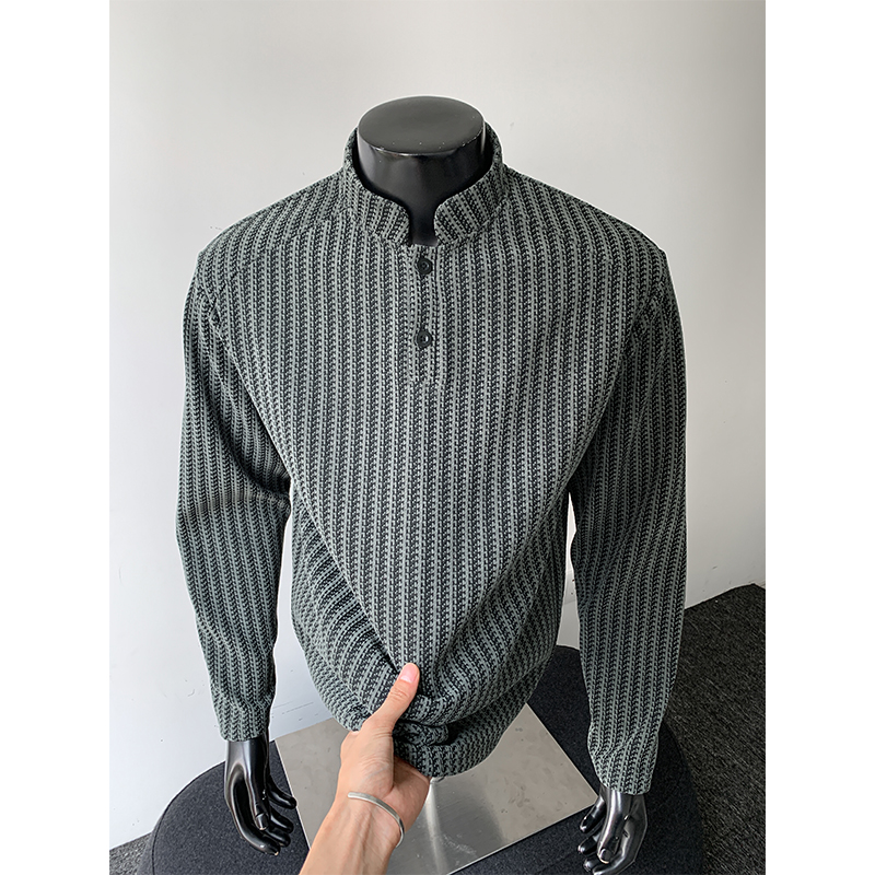 鱼骨纹亨利领中性潮流打底衫长袖T恤设计感拼色韩版休闲套头上衣