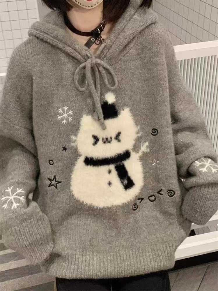 氛围感可爱宽松毛绒雪人连帽毛衣女冬季软糯宽松慵懒风针织衫上衣