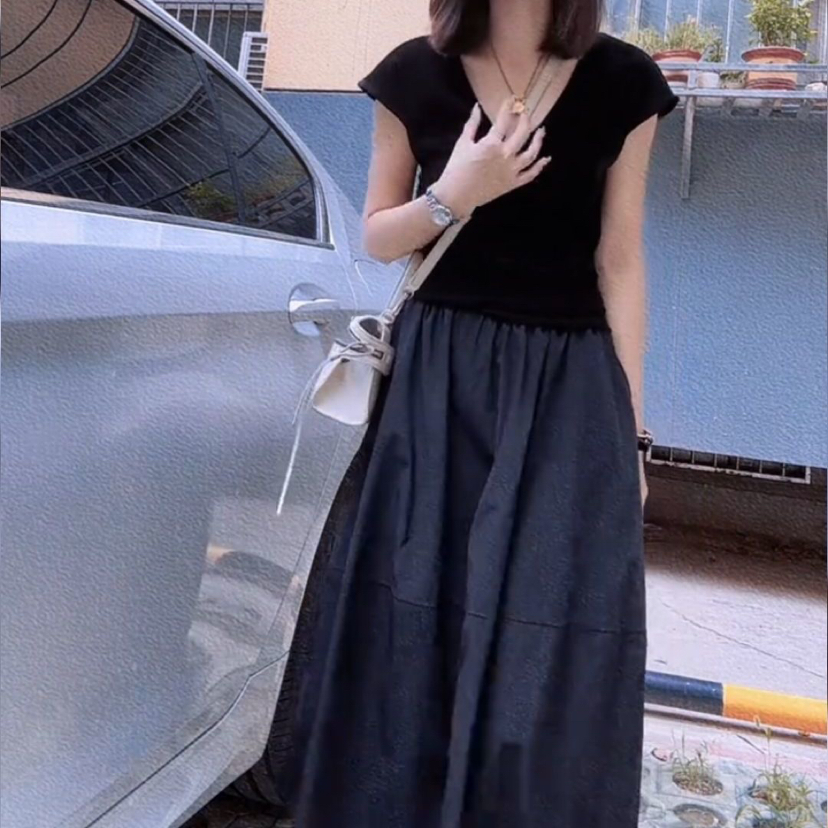 新款废土风纯色短袖垂感中长款半身裙裙子