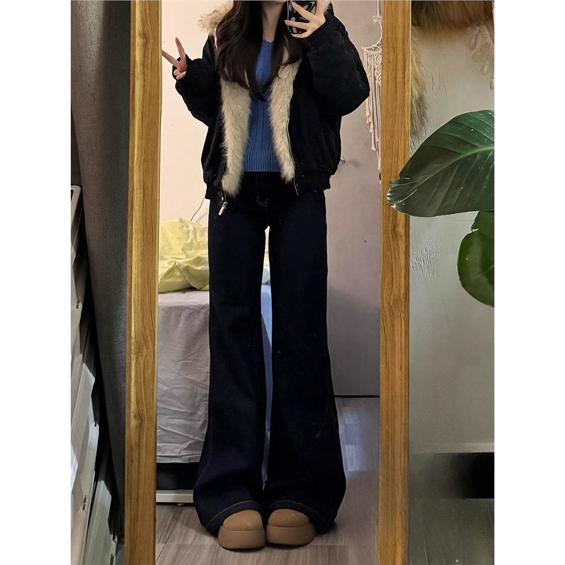 深蓝色窄版高腰微喇牛仔裤女2025春秋新款大码胖mm垂感拖地喇叭裤