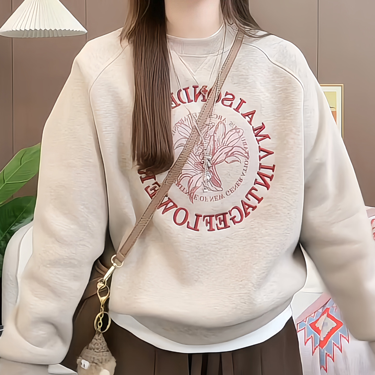 【百合花】加绒加厚刺绣圆领长袖卫衣女2025秋冬新款时尚百搭打底衫