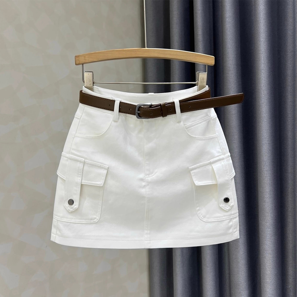 个性口袋白色显瘦高腰牛仔半身裙女2025夏季新款防走光A字工装裙