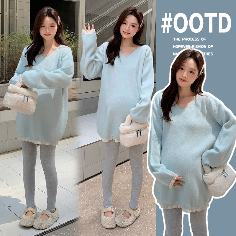 孕妇上衣2025秋冬季洋气V领中长下摆蕾丝加厚毛衣时尚外穿孕妇装