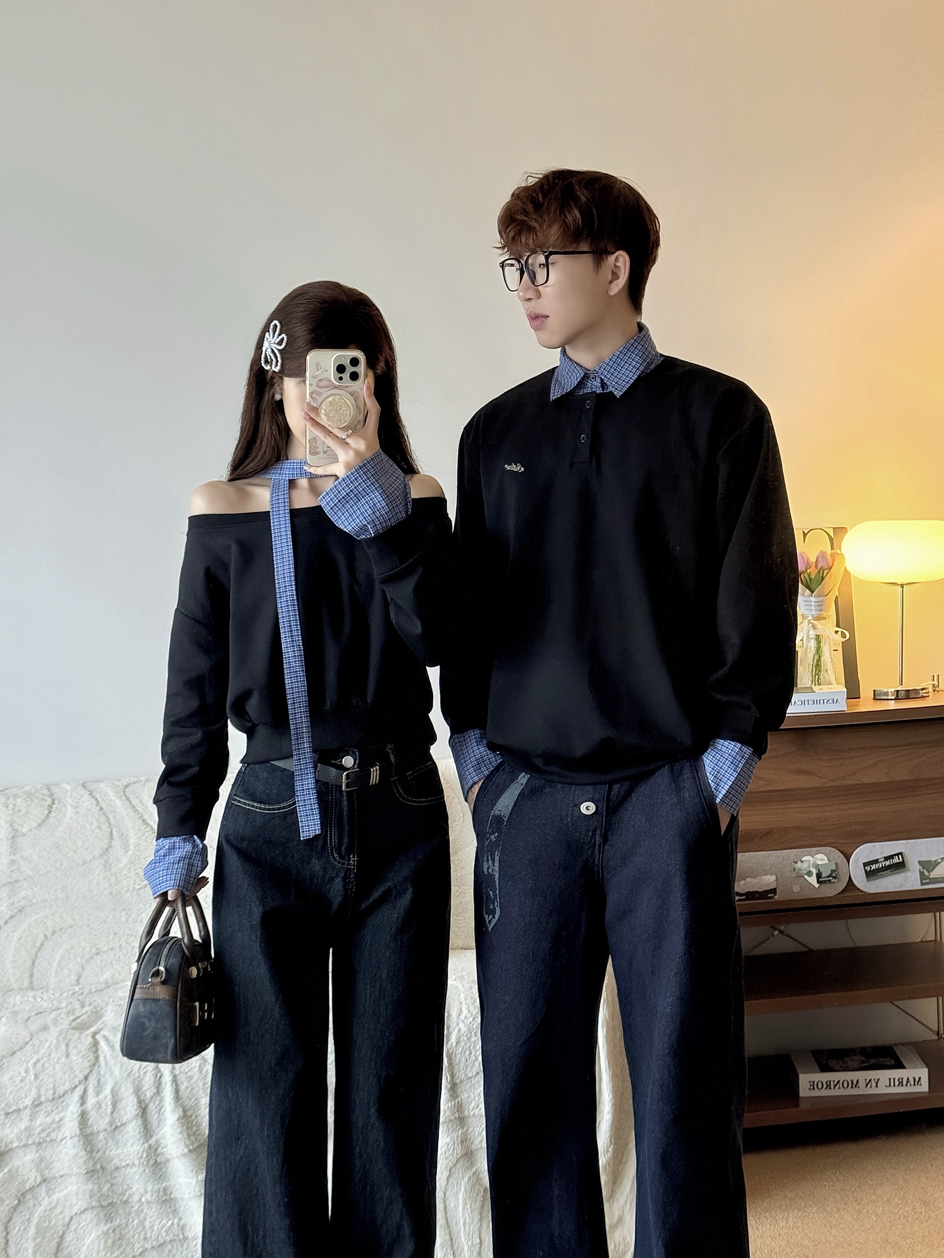 2025秋季情侣装韩系新款时尚圆领慵懒宽松格纹拼接洋气长袖男卫衣