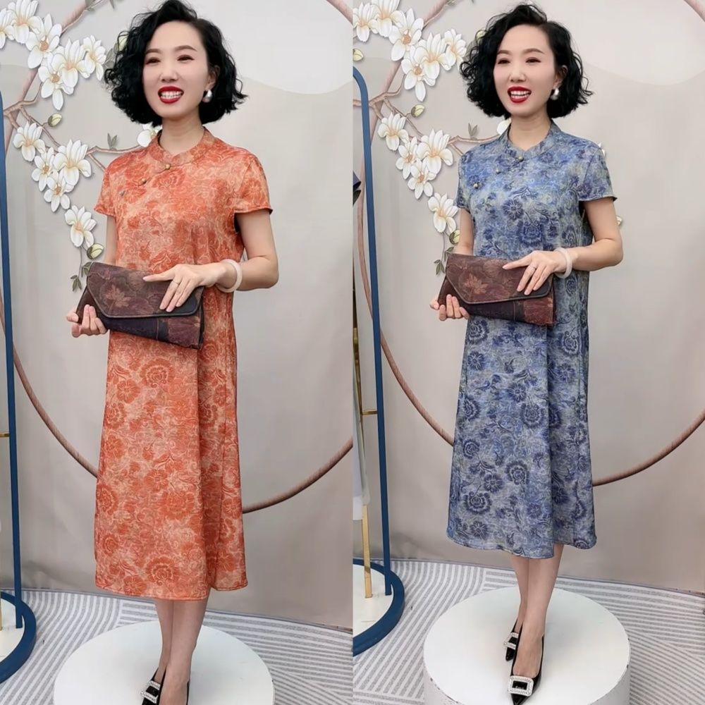高端新中式国风浮光锦提花旗袍裙夏季短袖新款复古改良丝缎连衣裙