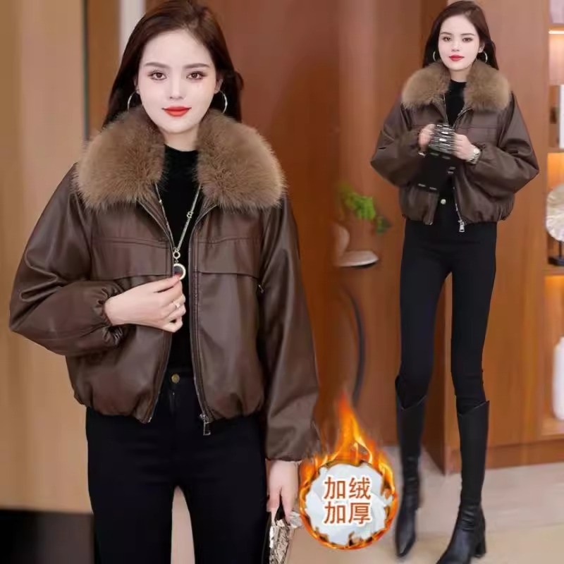 高级感加绒加厚时尚皮衣女士冬季新款带毛领短款皮夹克洋气皮外套