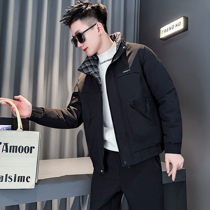 潮牌格子撞色棉衣外套男冬季加厚立领男装上衣2025新款设计感棉服