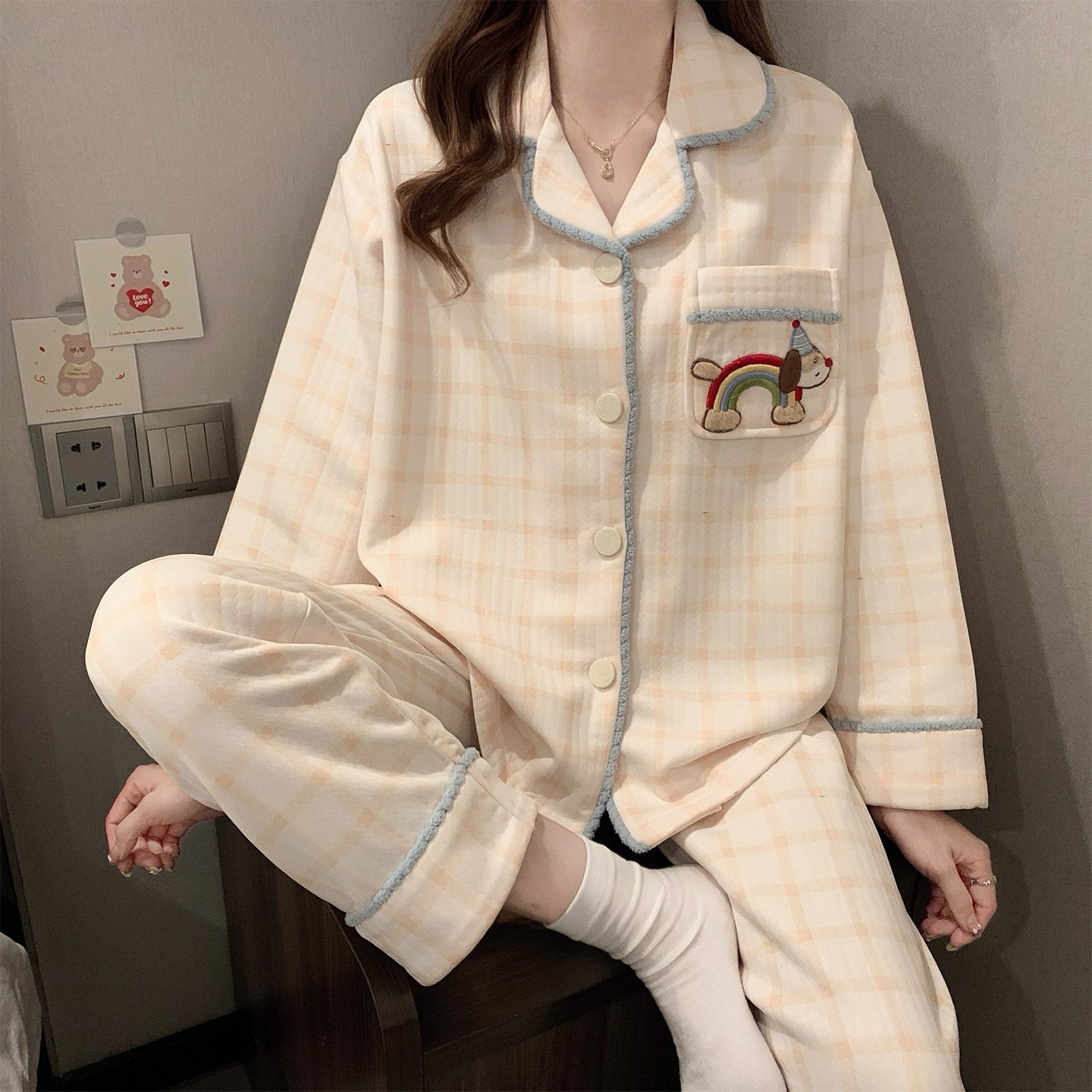 格子小狗睡衣女款秋冬季加厚三层空气夹层棉长袖长裤可外穿家居服