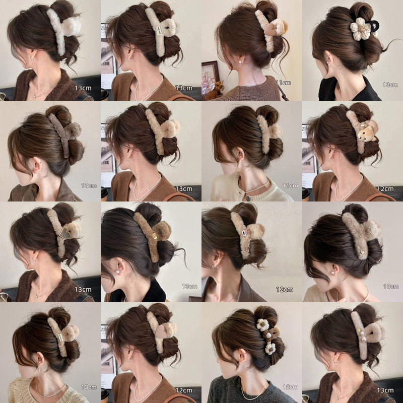 大号爱心发夹毛茸茸发量多2025新款抓夹百搭高级感毛绒鲨鱼夹