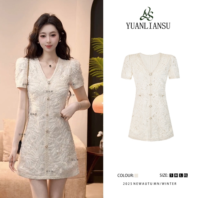 YUANLIANSU/圆脸酥【茉莉心事】法式小香气质蕾丝拼接V领显瘦连衣裙