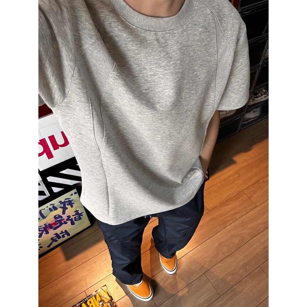 短款boxy正肩T恤男夏季灰色板正修身解构裁剪短袖美式潮牌