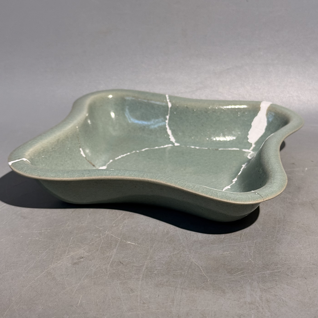 汝窑四方倭角盘，修复器，口直径14.4cm，高3.2cm，老汝瓷，旧藏陶瓷