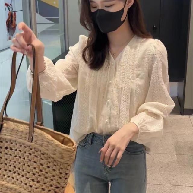 韩版拼接常规蕾丝长袖洋气春季小衫法式衬衣衬衫雪纺衫V领