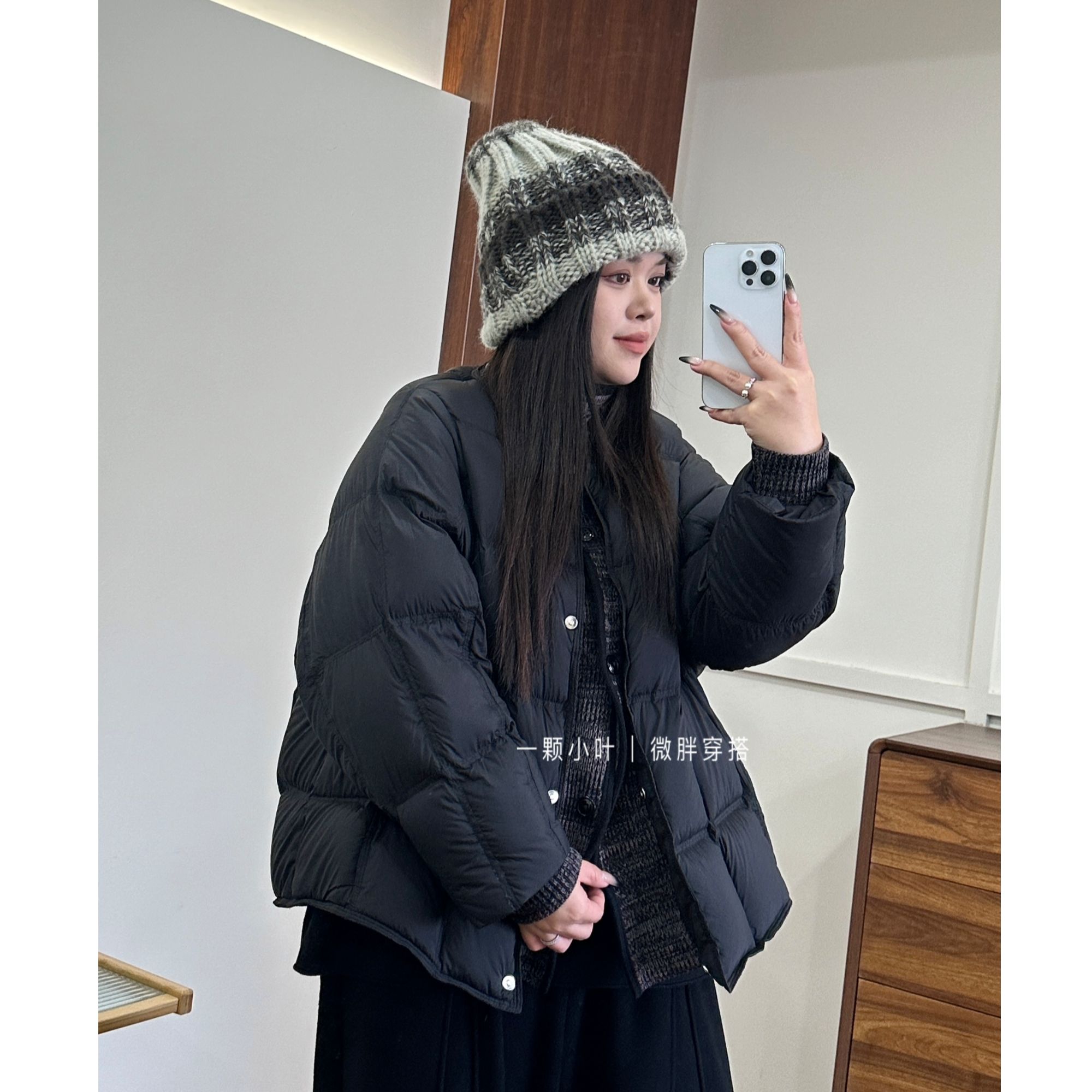 【一颗小叶】冬季大码针织拼接白鸭绒立领假两件羽绒服外套903