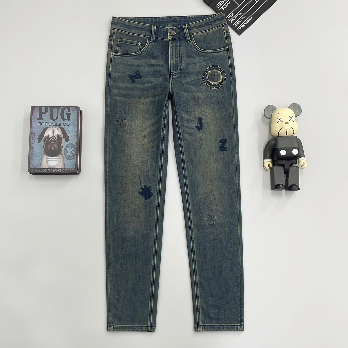 欧货2025秋冬款高端男士牛仔裤修身小直筒蓝色印花微弹百搭长裤