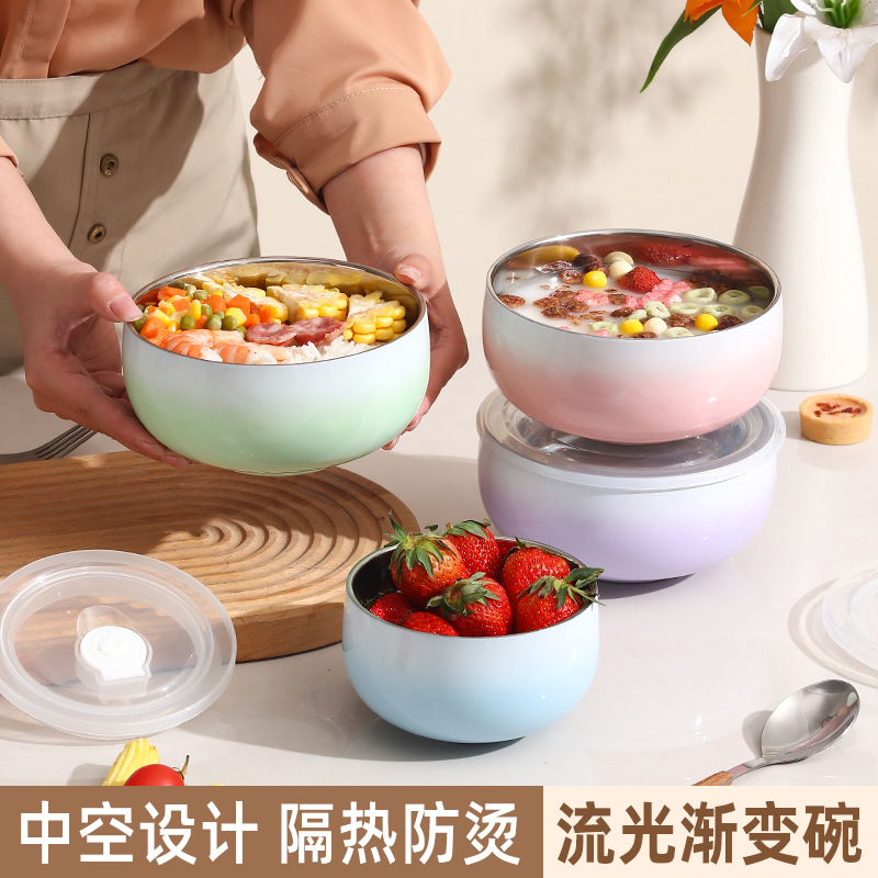 不锈钢渐变儿童饭碗耐摔加厚双层防烫食品级硅胶吸盘强力宝宝专用