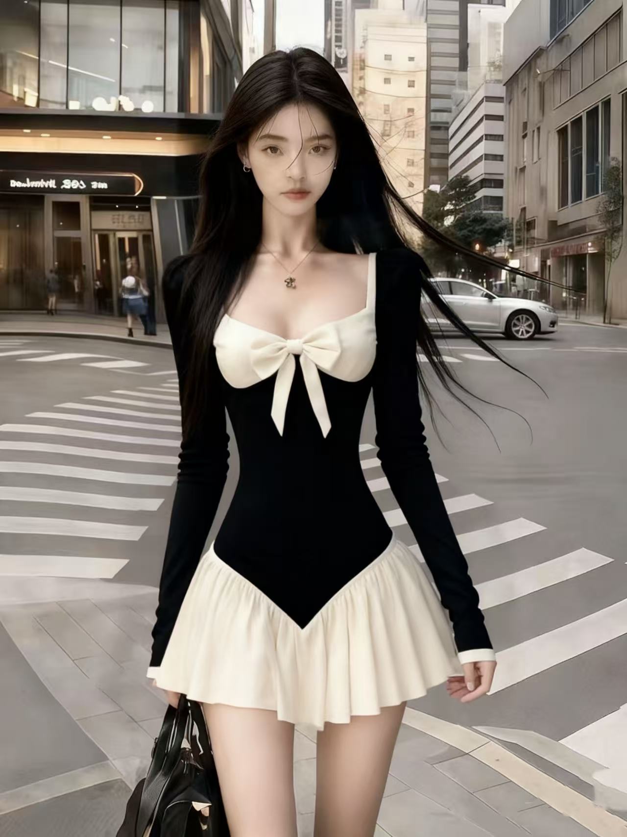 时尚轻奢温婉千金风撞色V领长袖修身收腰A字裙气质显瘦连衣裙女