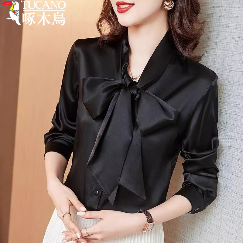 TUCANO/啄木鳥飘带蝴蝶结绸缎面衬衫女长袖春秋新款洋气职业衬衣