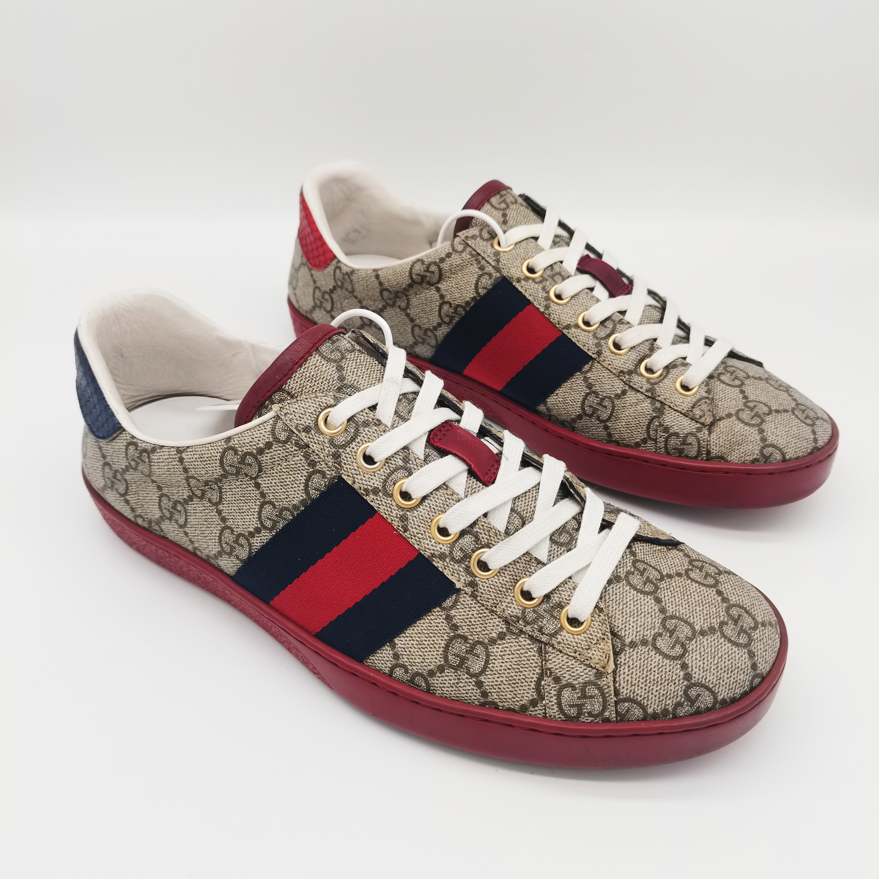 95新 GUCCI/古驰 ACE系列乌木色满印老花红底板鞋6欧GS1069