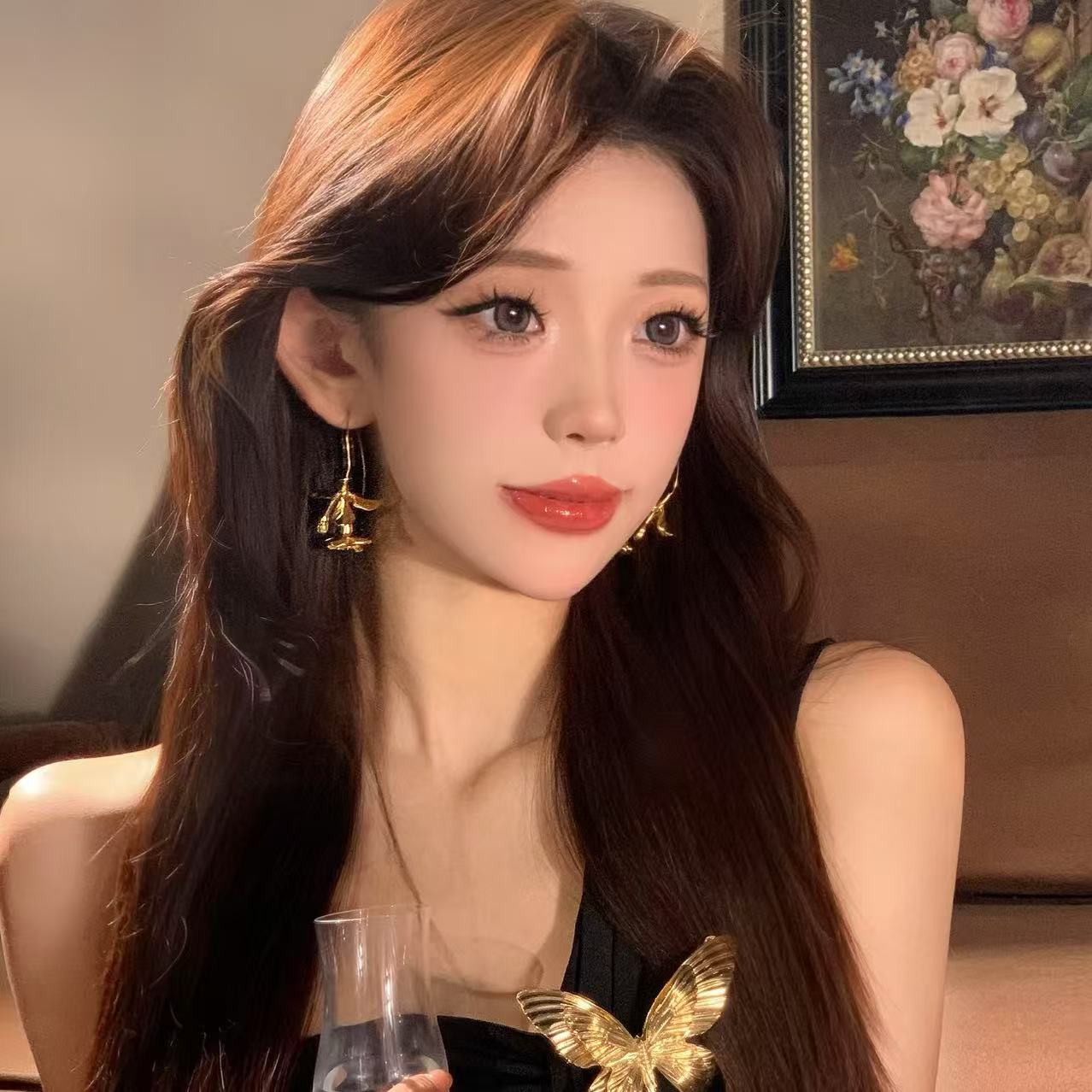 FULL GIRLISH耳环00090简约小众设计金色花朵耳钉耳饰