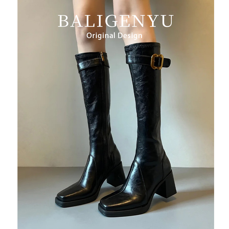 秋冬季新款女式靴子真皮方头骑士女靴高跟长筒粗跟流行显瘦增高