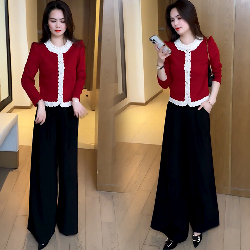时尚套装2025女春季气质洋气休闲小香风蕾丝拼接T恤阔腿裤两件套