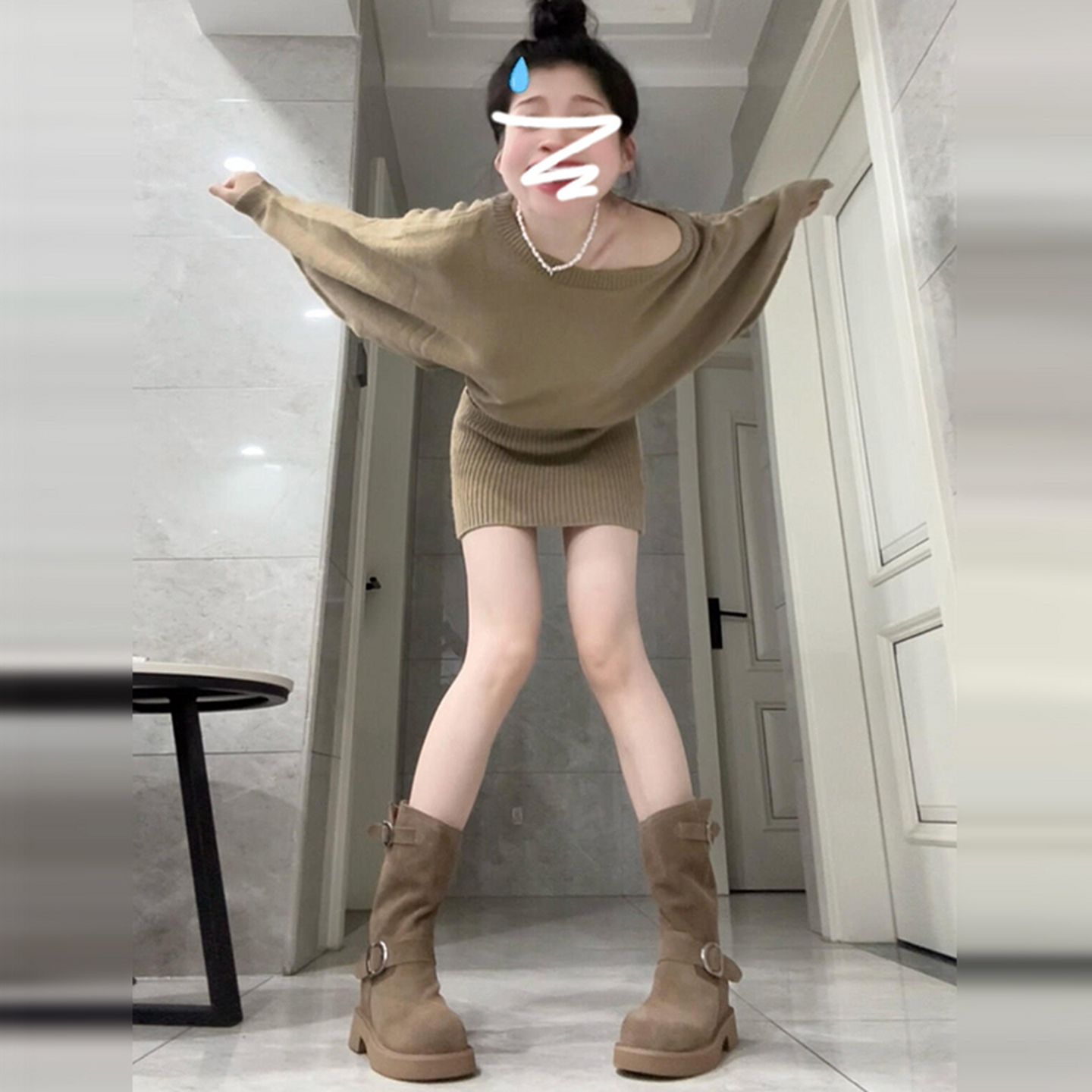 高级感一字肩针织毛衣连衣裙子女装2025新款早秋早秋穿搭包臀短裙