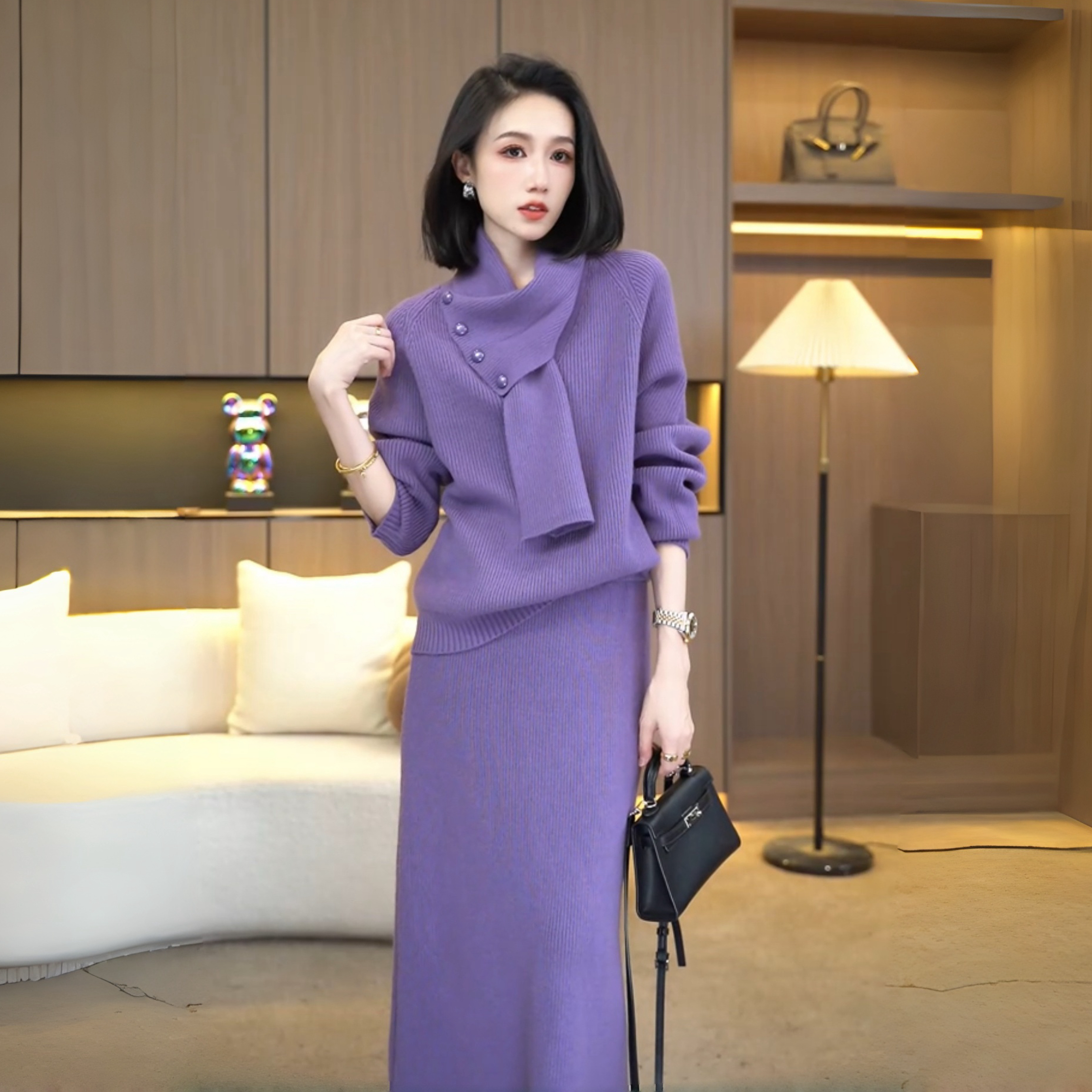 两件套装女2025秋冬新款轻奢高级感配围巾加厚套装毛针织毛衣裙子