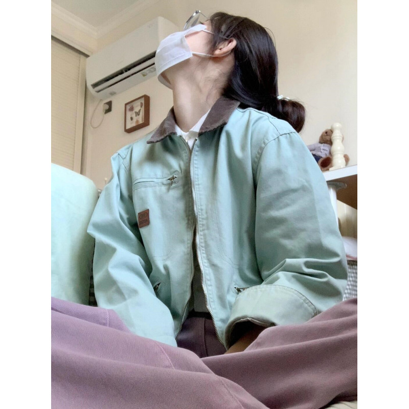 薄荷绿底特律夹克男女款春秋设计感vintage古着翻领工装情侣外套