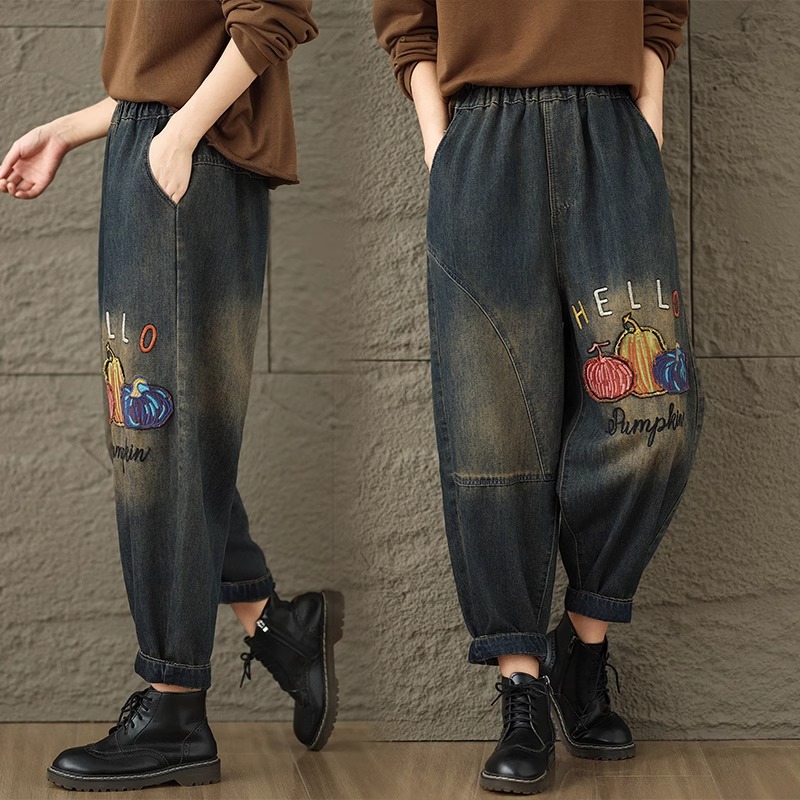 复古彩色刺绣牛仔裤女2025春季宽松拼接卷边九分裤哈伦裤休闲长裤