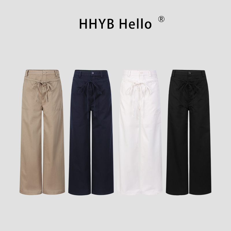 HHYB Hello2025新款百搭复古中低腰抽绳襟绑带直筒休闲裤Q254137