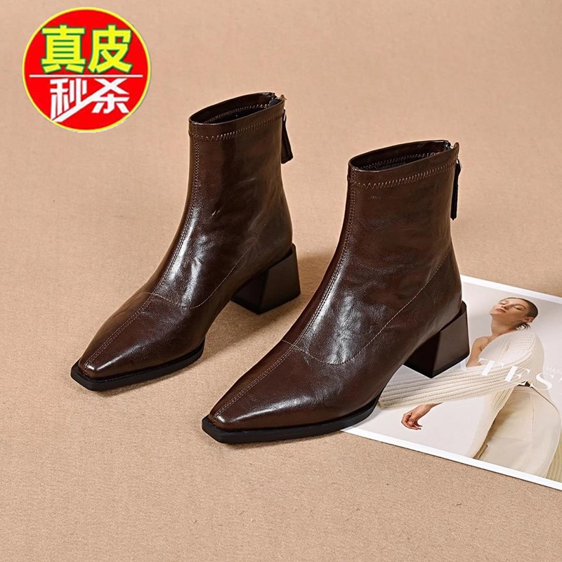 品牌断码真皮网红冬季尖头短靴粗跟马丁靴真皮切尔西短靴尖头短靴