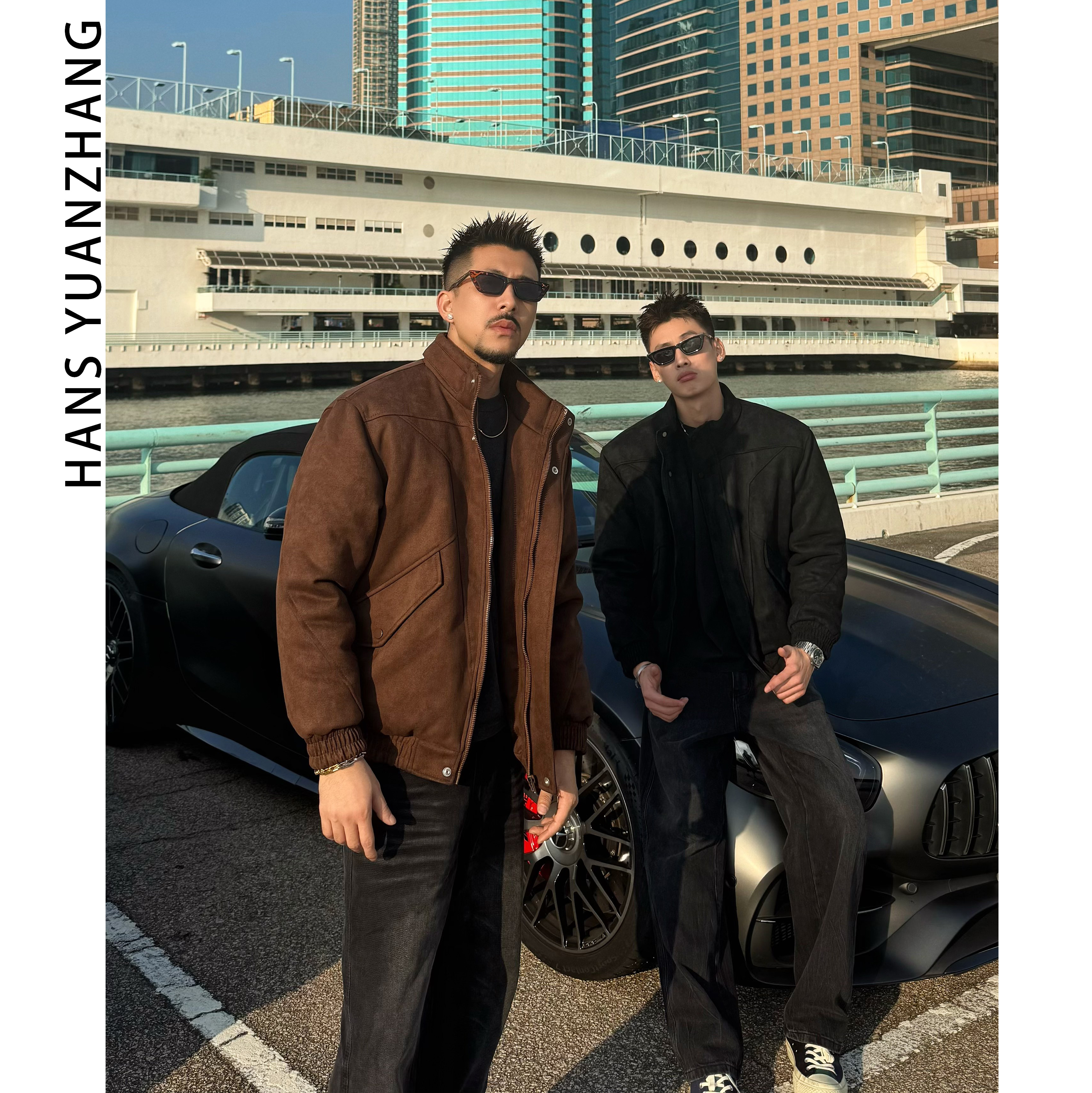 Hans院长 “琥珀”麂皮绒立领棉服夹克宽肩美式拼接冬季保暖港风