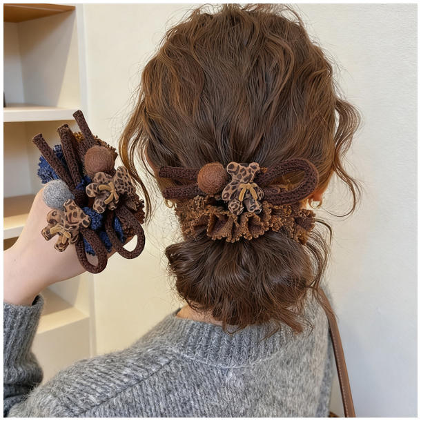 日韩豹纹小熊毛毡球发圈女高级感花边发绳低马尾扎头发皮圈头绳