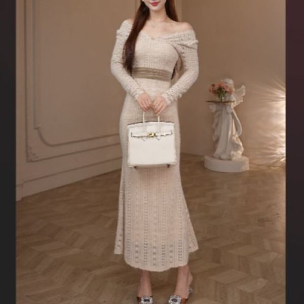 燕麦色·轻奢收腰显瘦气质高腰名媛裙子21976