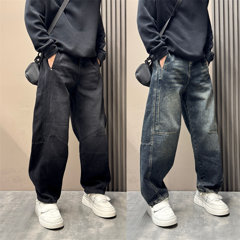 2025秋冬美式潮流痞帅水洗做旧阔腿裤宽松男百搭复古加绒牛仔裤男