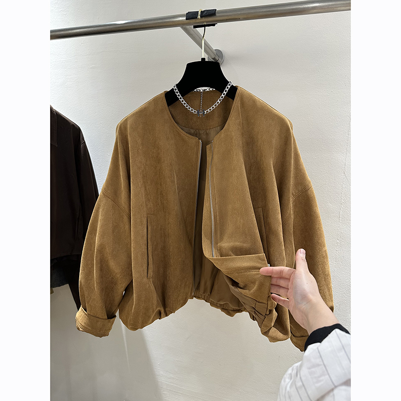 高端欧货秋季新款宽松显瘦复古麂皮绒圆领拉链夹克外套洋气上衣女