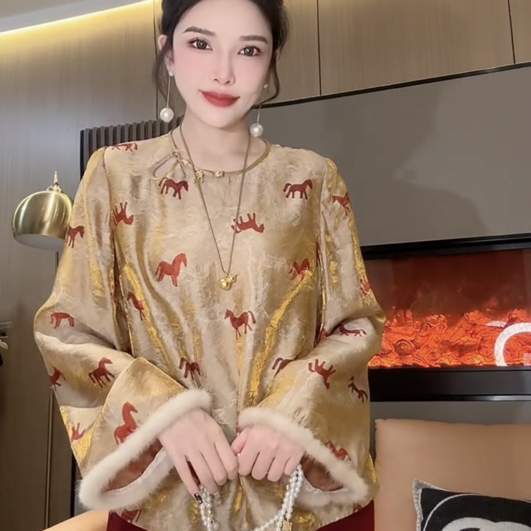 2026马年提花刺绣新中式国风长袖上衣复古时尚百搭气质显瘦女装