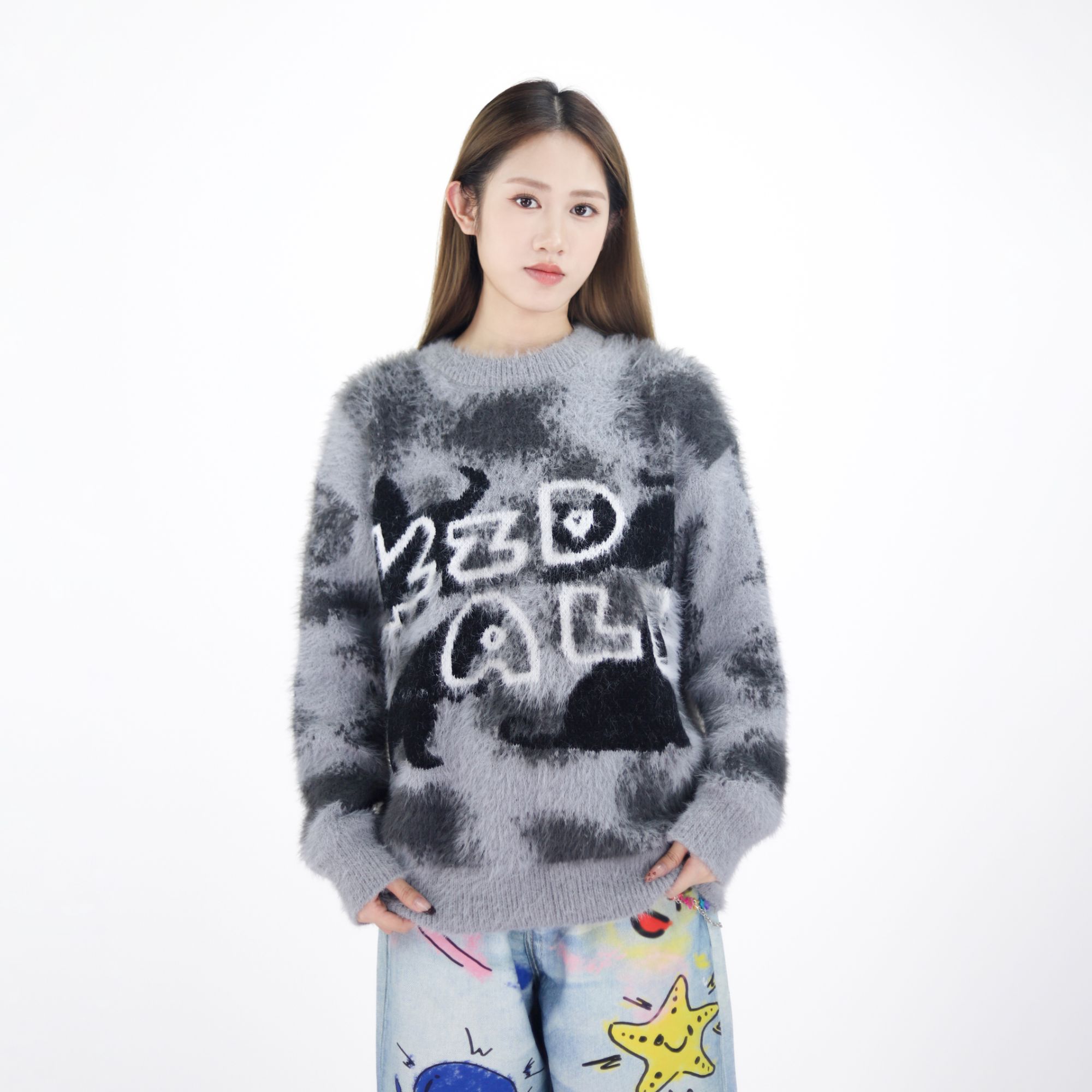 KZDALL原创设计小黑猫提花毛衣秋冬宽松休闲百搭男女慵懒感针织衫